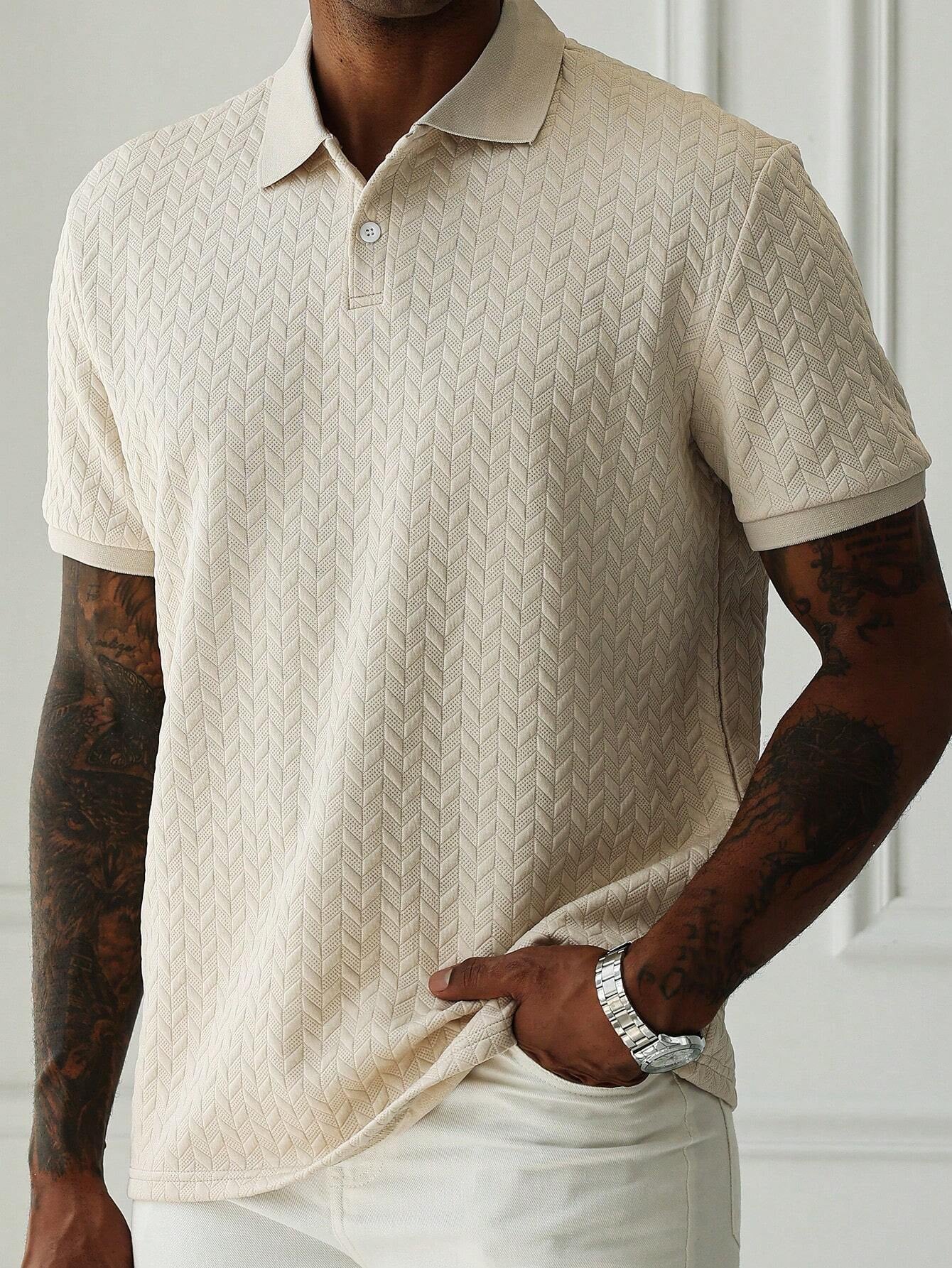 Men's Casual Style with Diamond-Texture Knit Short-Sleeve Khaki Polo Shirt with a Button Placket