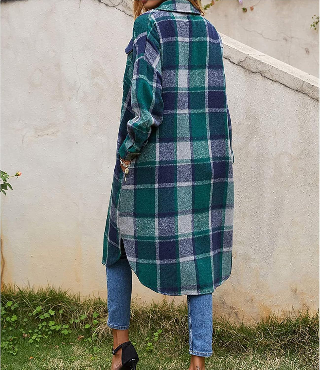 Chic Women's Plaid Wool Blend Shacket - Stylish Long Button-Down with Pockets