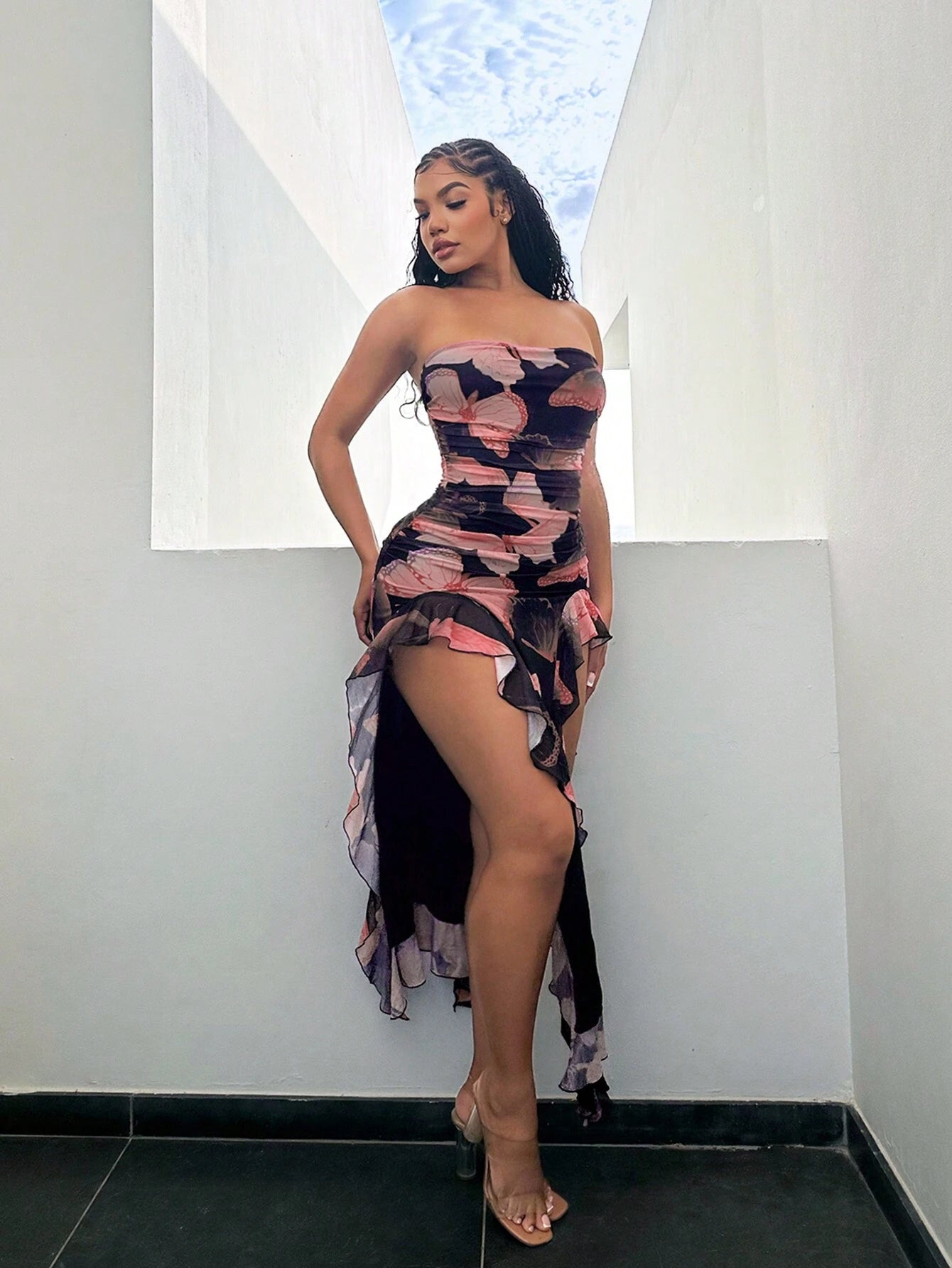 Butterfly Flowy Printed Slit Fitted Dress With Ruffles