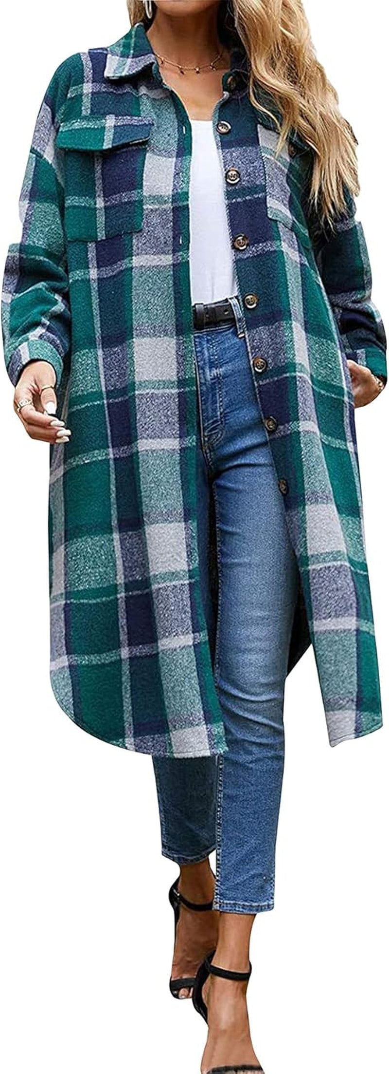 Chic Women's Plaid Wool Blend Shacket - Stylish Long Button-Down with Pockets