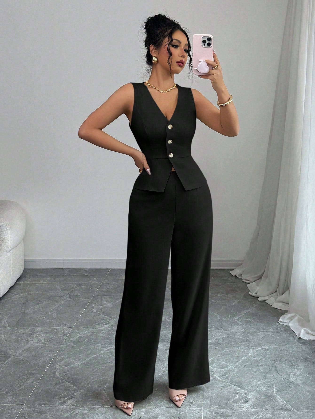 Elenzga Women Elegant Sleeveless Suit Vest and Pants Set