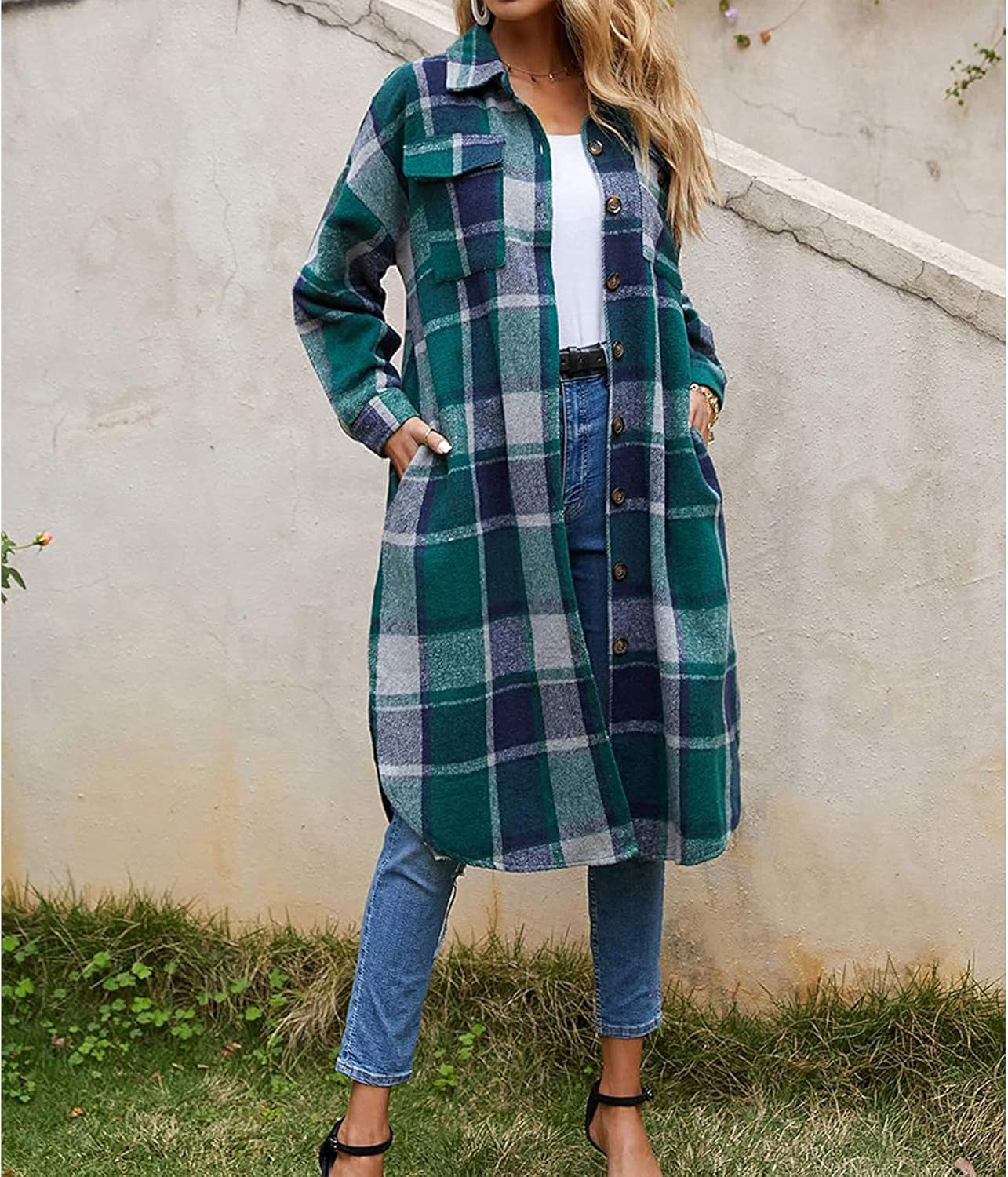 Chic Women's Plaid Wool Blend Shacket - Stylish Long Button-Down with Pockets