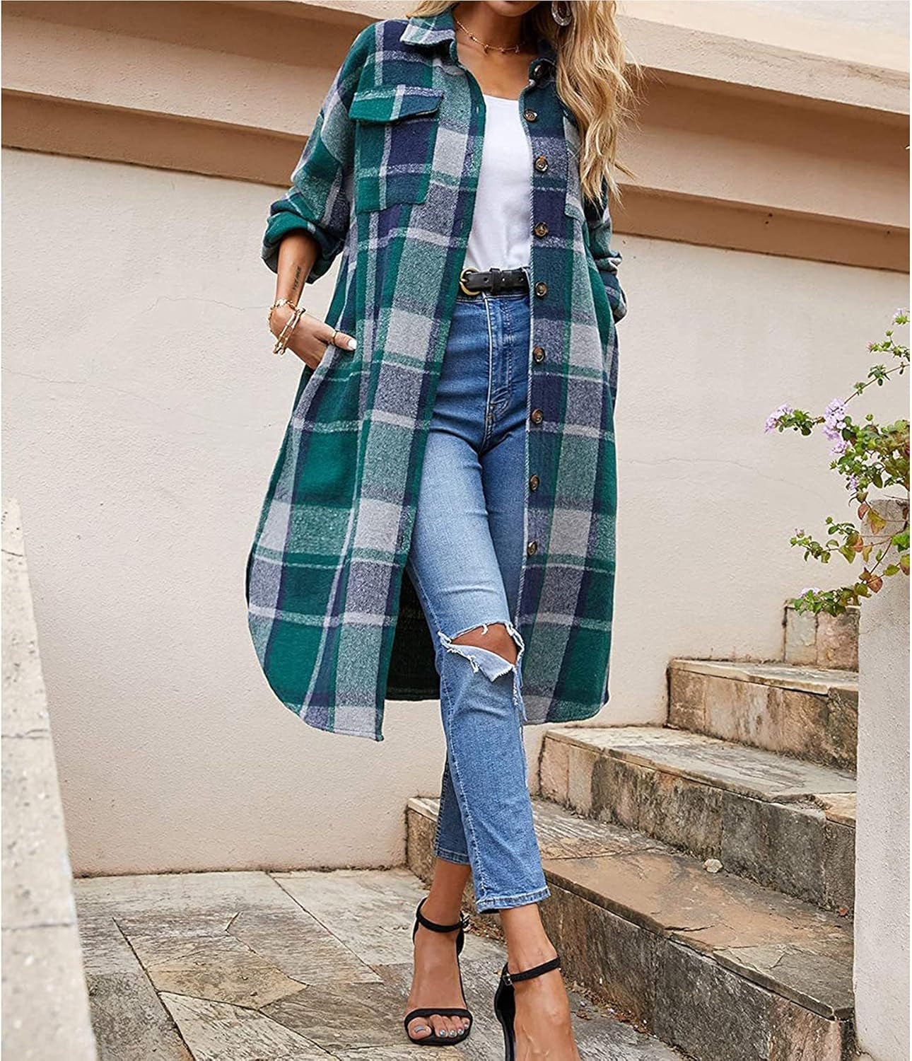 Chic Women's Plaid Wool Blend Shacket - Stylish Long Button-Down with Pockets