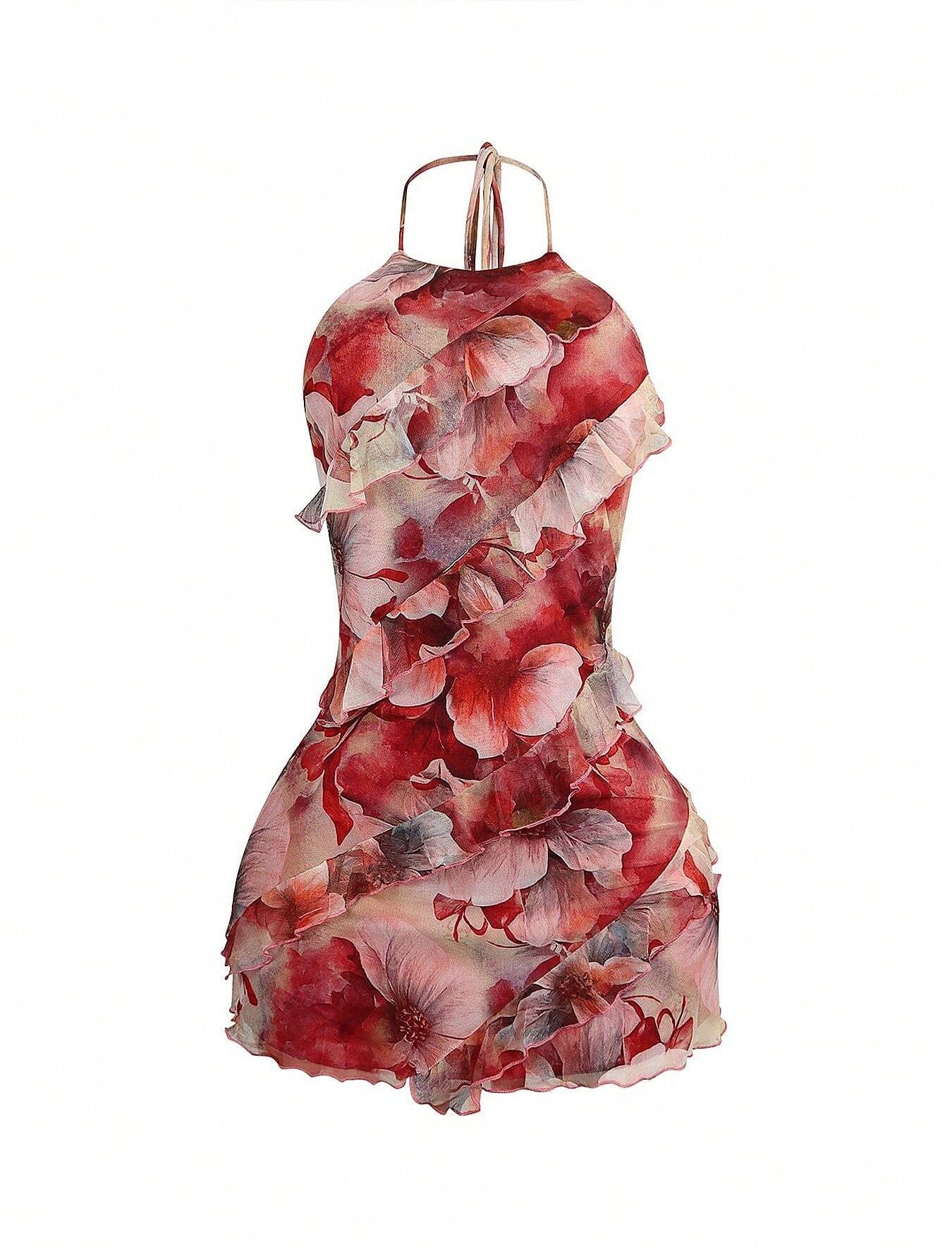 Halter Neck, Backless Straps, Hip Ruffle Dress
