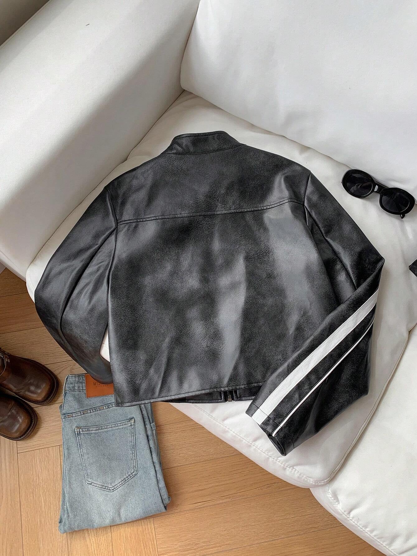 Striped Side-Zip Cropped Retro Jacket
