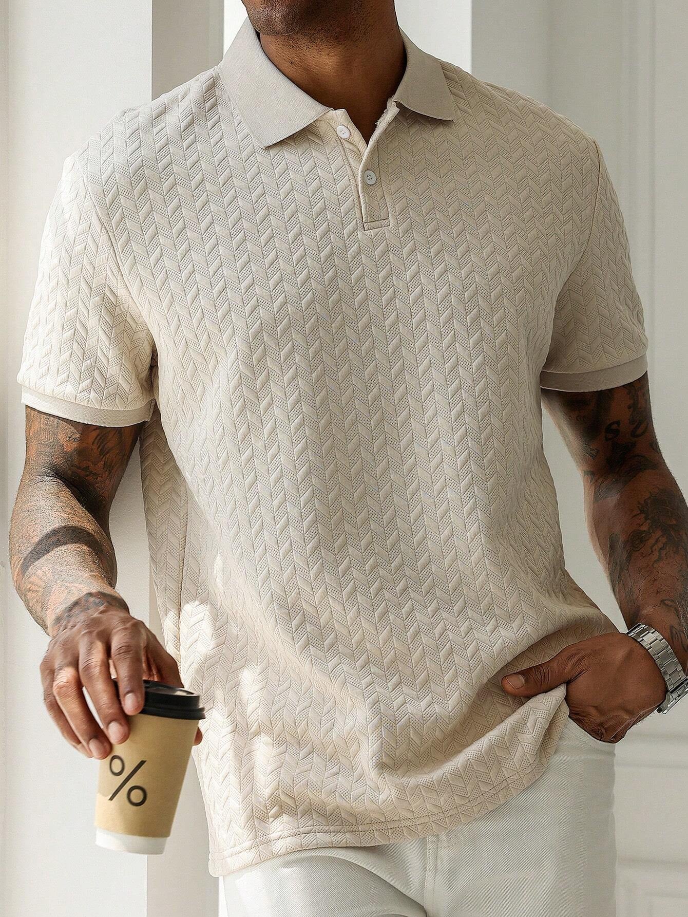 Men's Casual Style with Diamond-Texture Knit Short-Sleeve Khaki Polo Shirt with a Button Placket