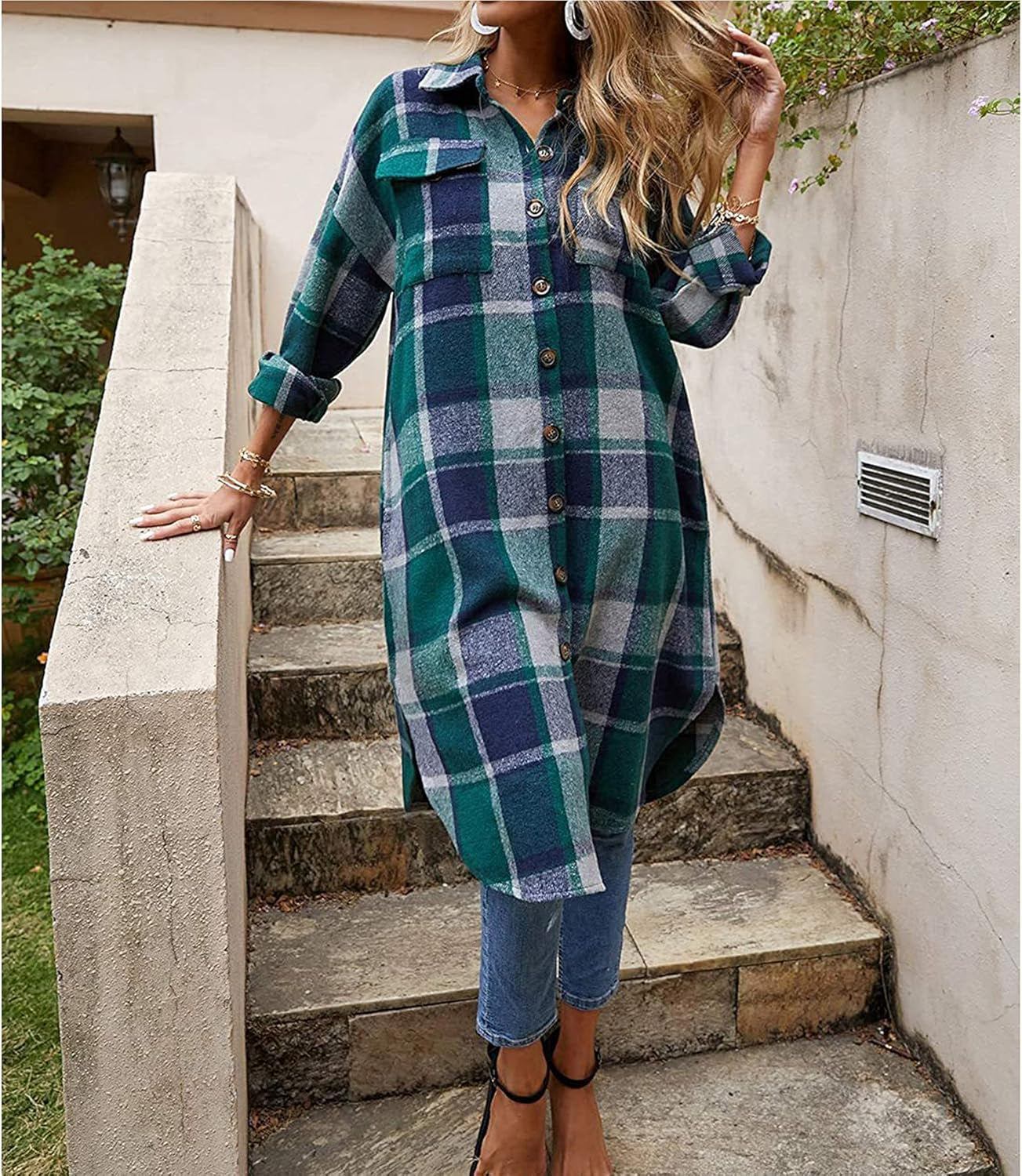 Chic Women's Plaid Wool Blend Shacket - Stylish Long Button-Down with Pockets