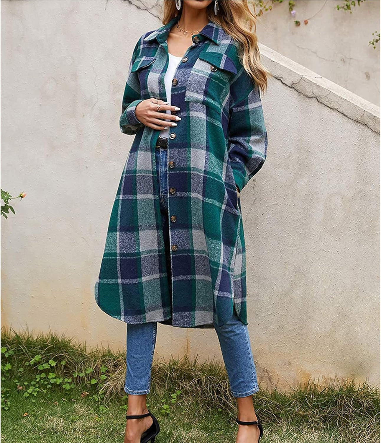 Chic Women's Plaid Wool Blend Shacket - Stylish Long Button-Down with Pockets
