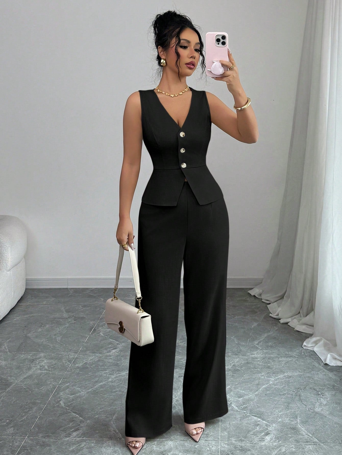 Elenzga Women Elegant Sleeveless Suit Vest and Pants Set