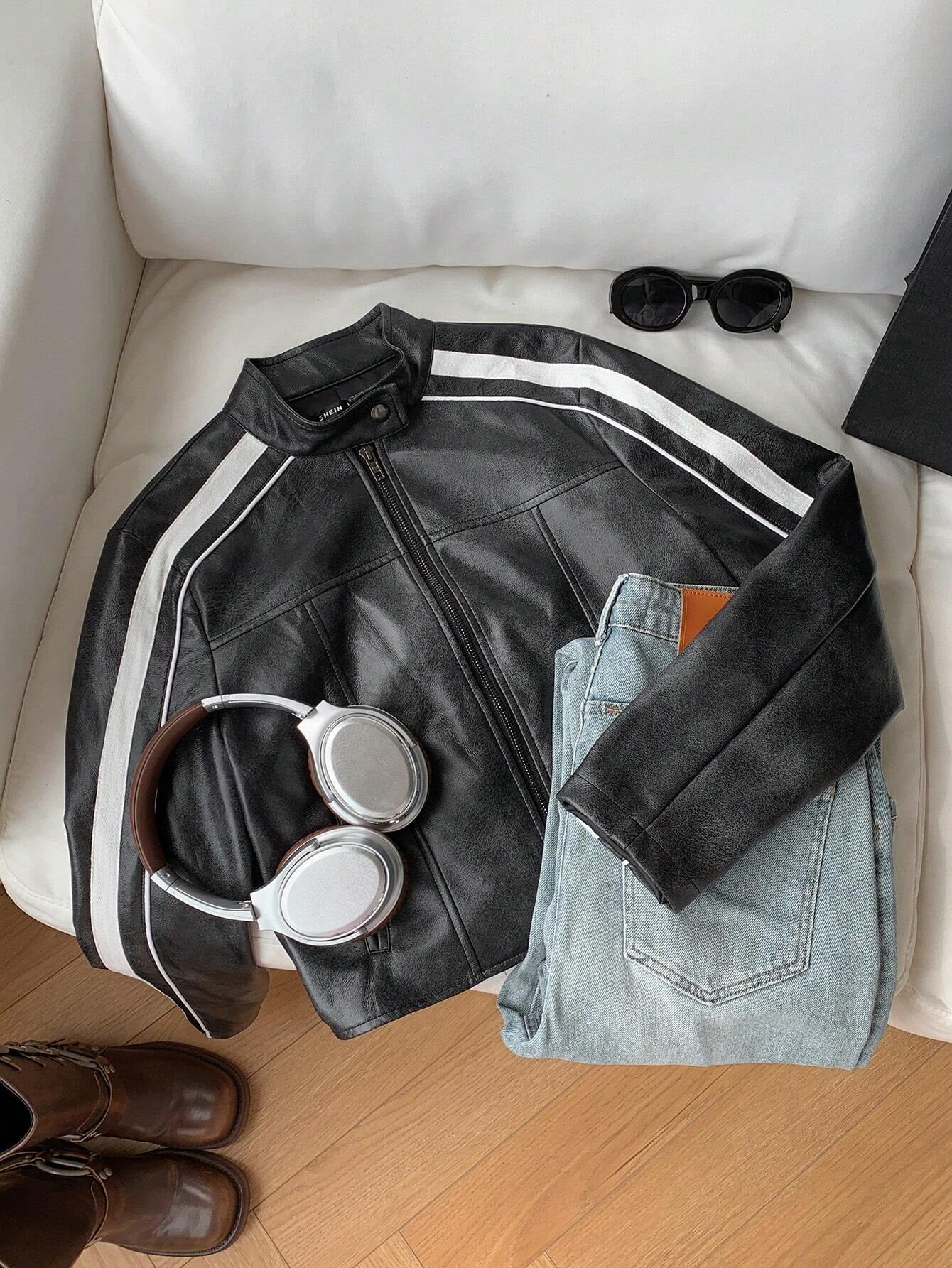 Striped Side-Zip Cropped Retro Jacket