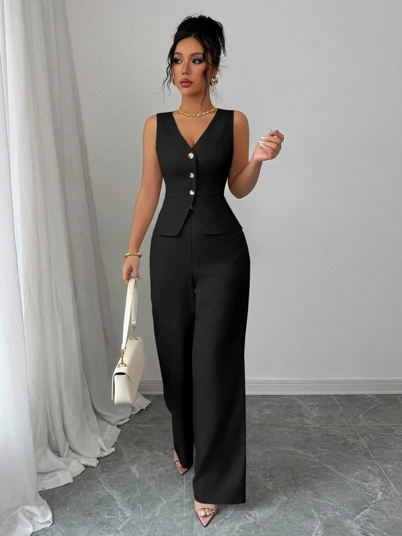 Elenzga Women Elegant Sleeveless Suit Vest and Pants Set