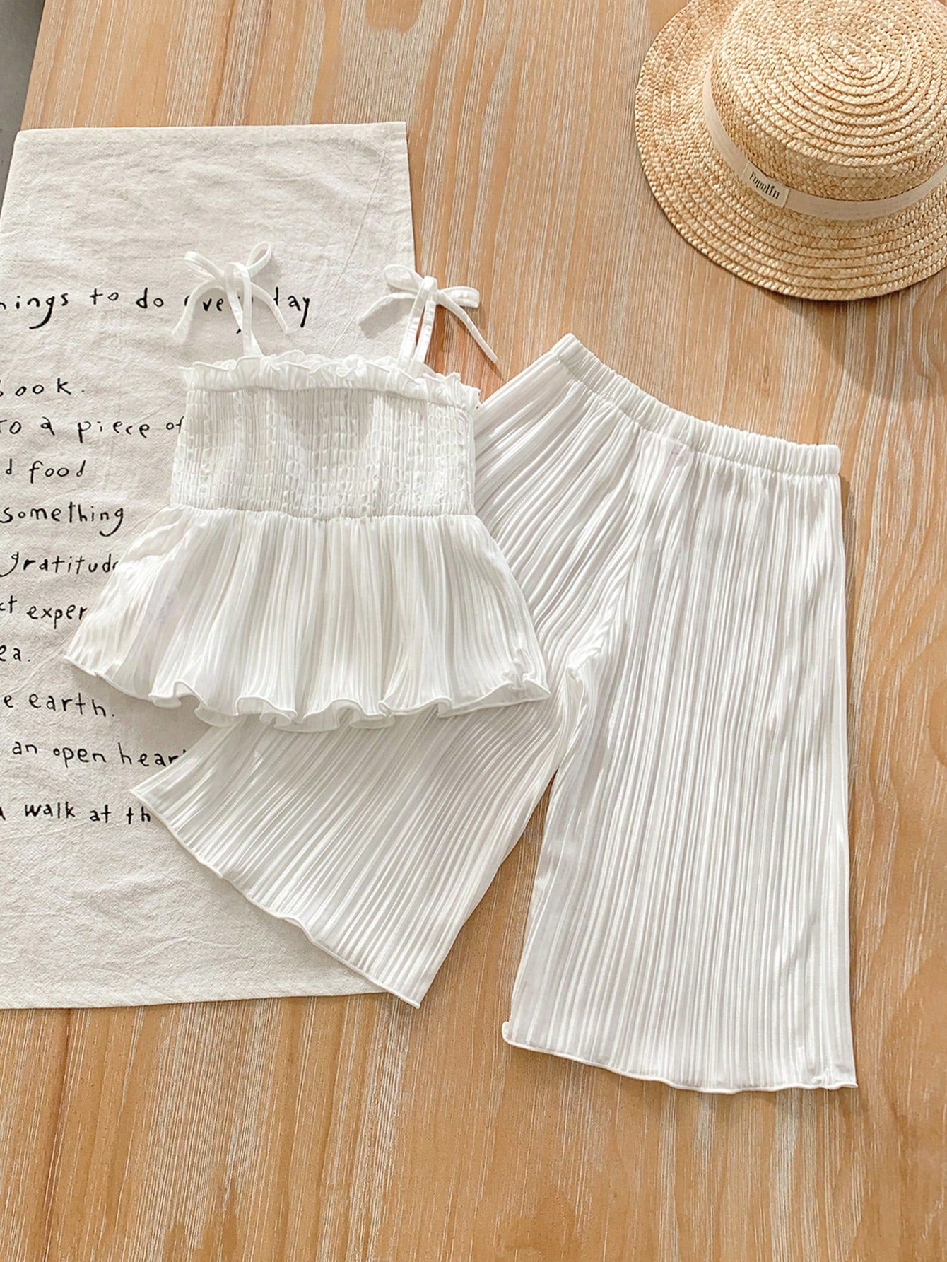 Baby Girls Cute Solid Color Pleated Camisole and Elastic Waist Long Pants 2 Pieces Set