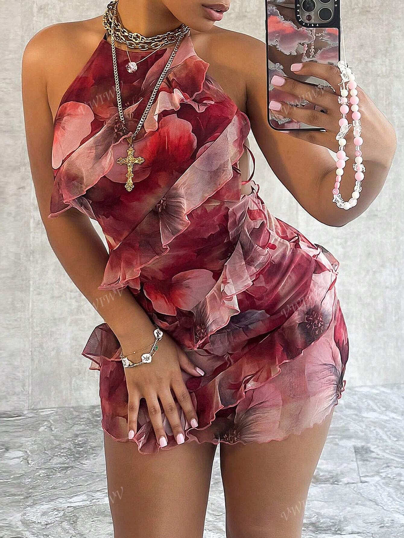 Halter Neck, Backless Straps, Hip Ruffle Dress