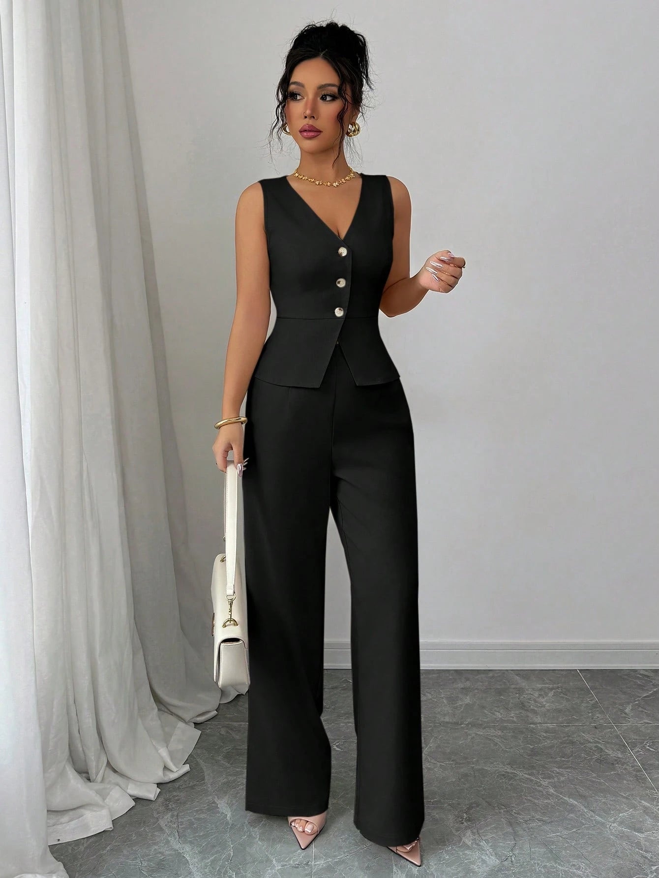 Elenzga Women Elegant Sleeveless Suit Vest and Pants Set