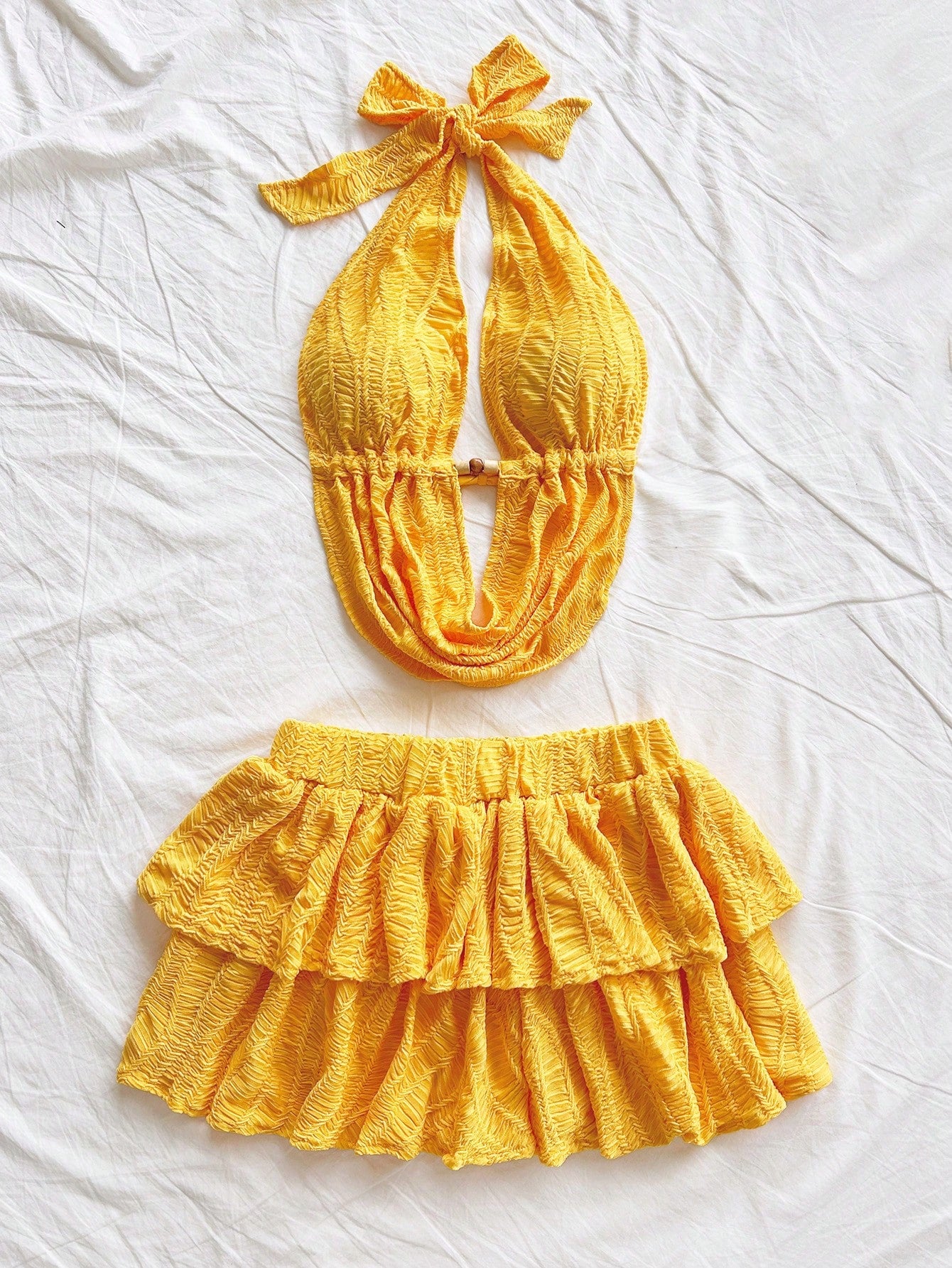 Soleia Women'S V-Neck Hollow Out Halter Backless Camisole & Mini Skirt 2 Pieces Set, Knitted Texture, Suitable for Holiday, Date, Afternoon Tea, Vacation, Music Festival, Bohemian Style, Spring/Summer