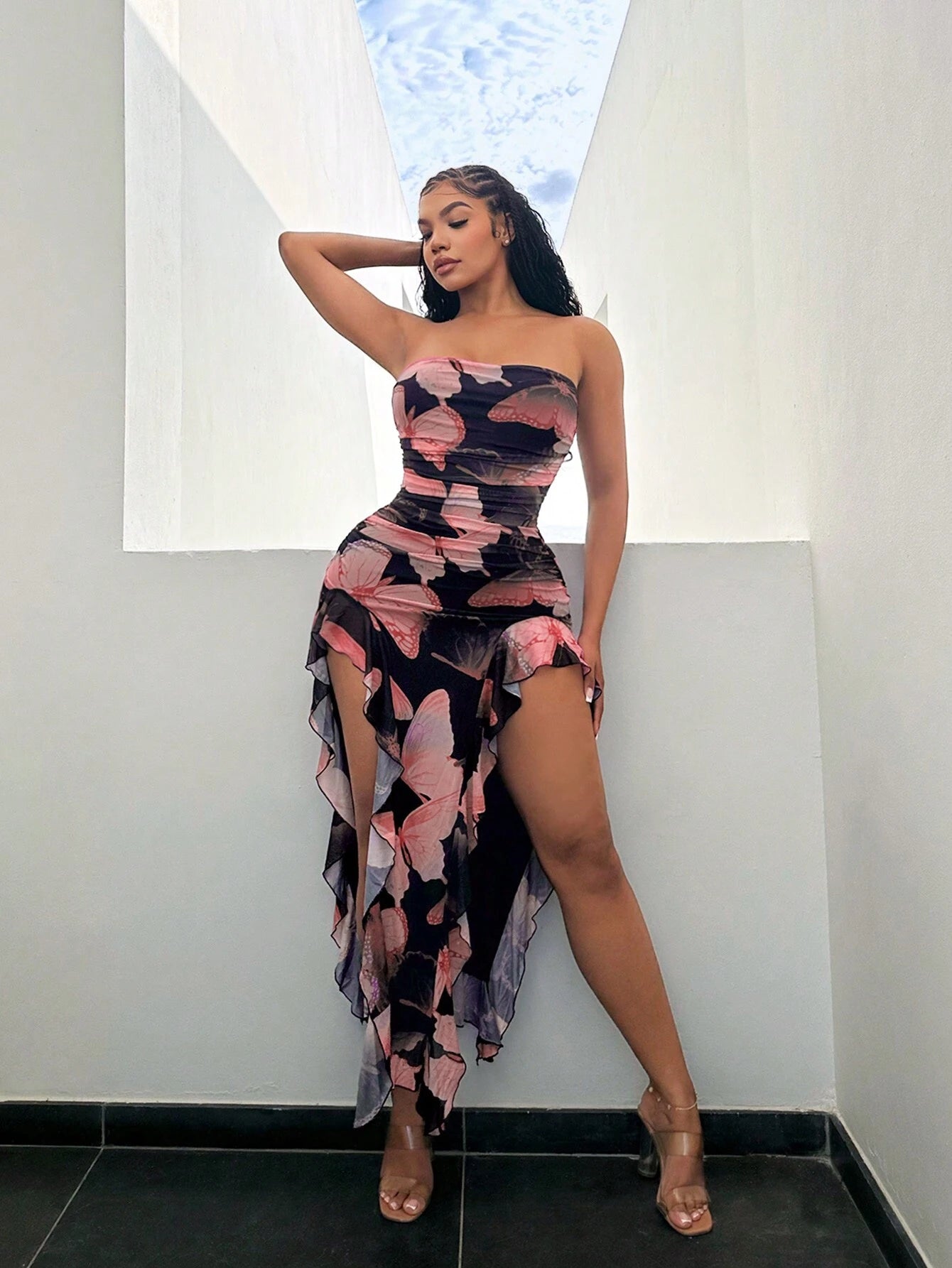 Butterfly Flowy Printed Slit Fitted Dress With Ruffles 