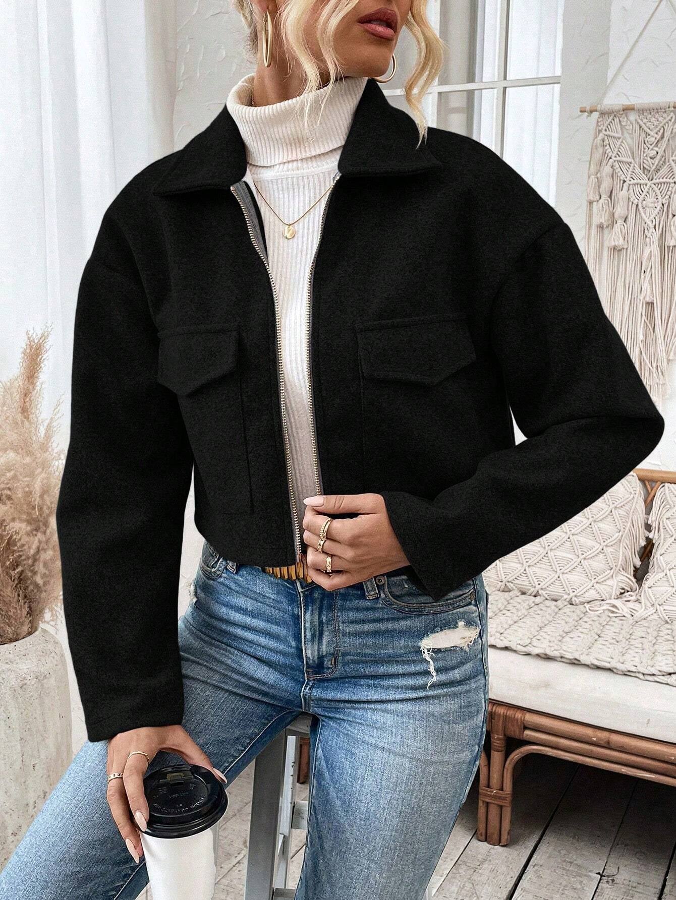  Black Long Sleeve Short Woolen Jacket 