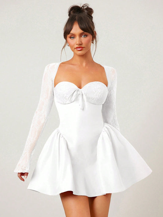 SXY White Lace-Trimmed Long Sleeve Mini Dress - Elegant Graduation Attire