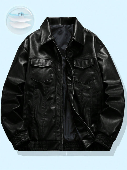  Loose Fit Leather Zipper Front Jacket