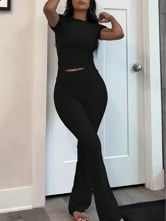  Solid Color Slim Fit Short Sleeve Top and Flared Pants Two-Piece