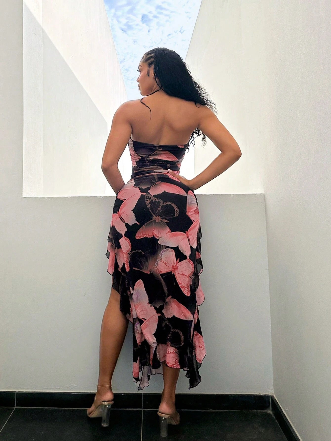 Butterfly Flowy Printed Slit Fitted Dress With Ruffles 