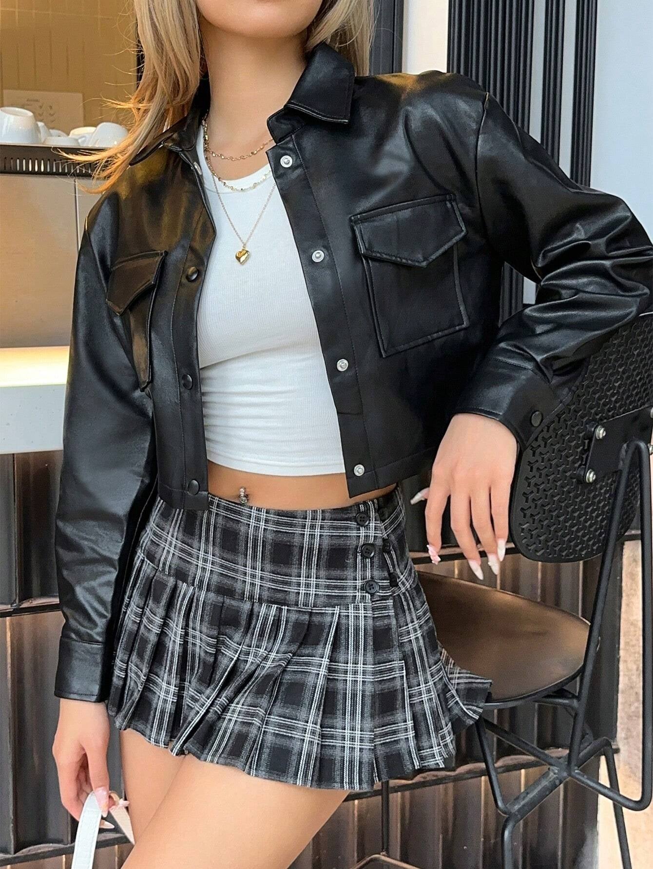  Button Front Flap Pocket Drop Shoulder Jacket