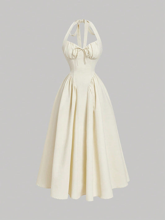  Halter Neck Ruched Bow Dress