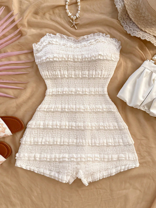  Lace Trim Textured Body Romper