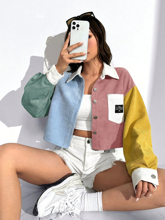 Letter Patch Pocket Cropped Button Down Jacket