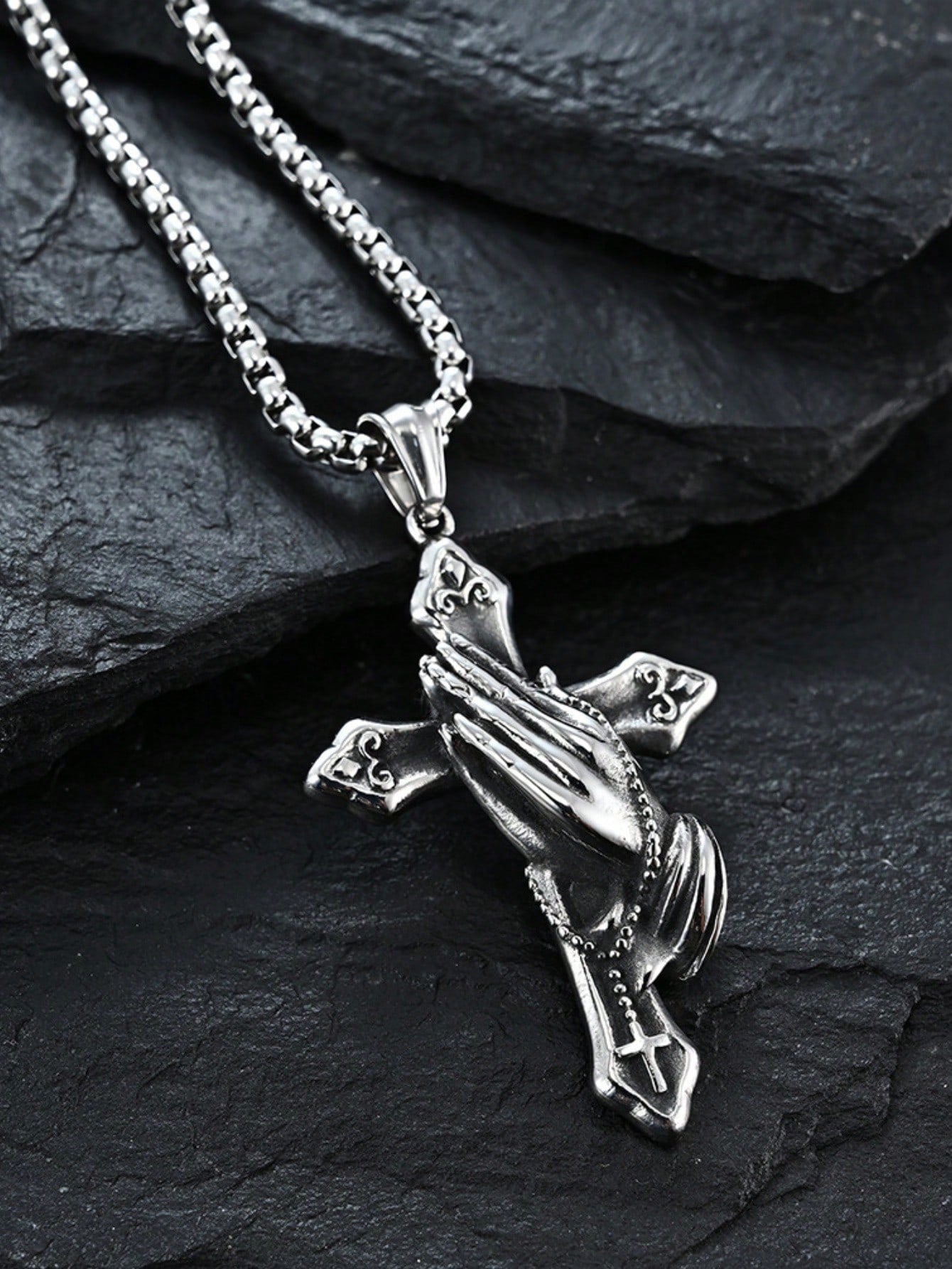 1Pc Stainless Steel Praying Hand Necklace with Cross