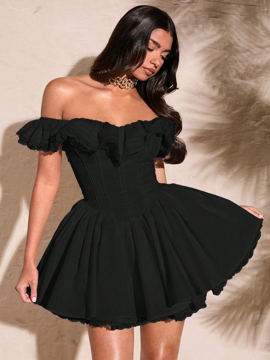  Sweet off Shoulder Lace Petal Sleeve  Ruffles Sweetheart Dress