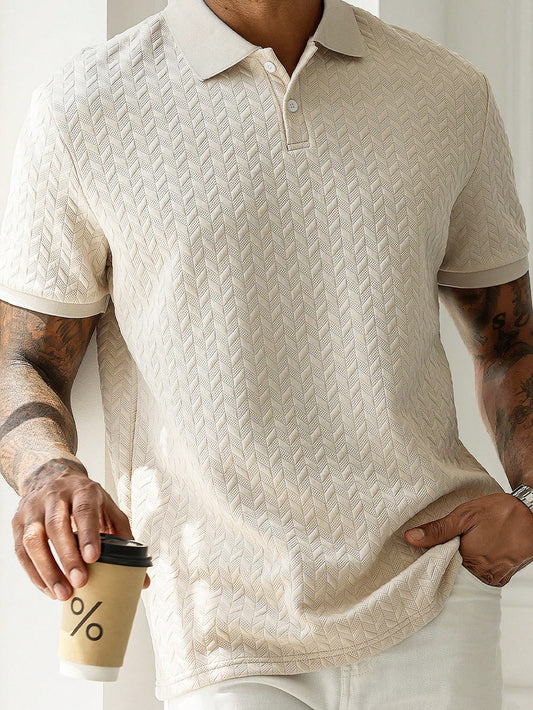  Men's Casual Style with  Diamond-Texture Knit Short-Sleeve Khaki Polo Shirt with a Button Placket