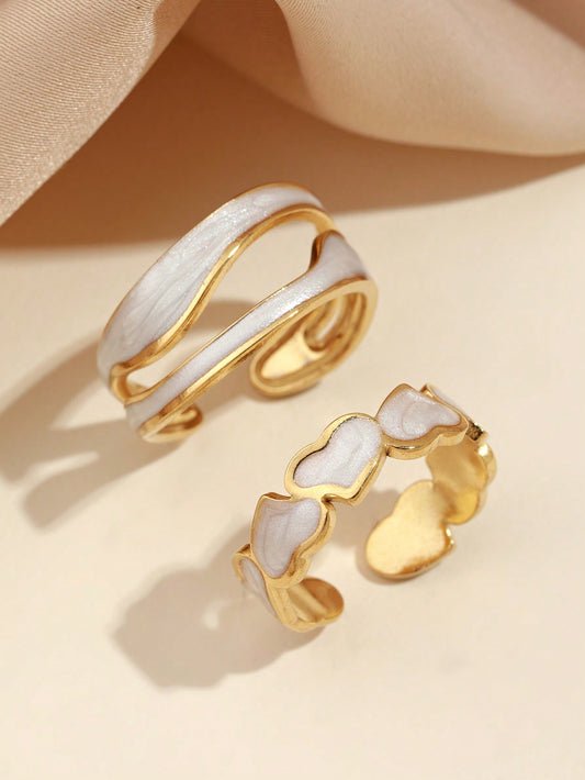 2Pcs Stainless Steel Fashionable and Simple Style White Oil Drop Positive and Negative Love Open Ring Set