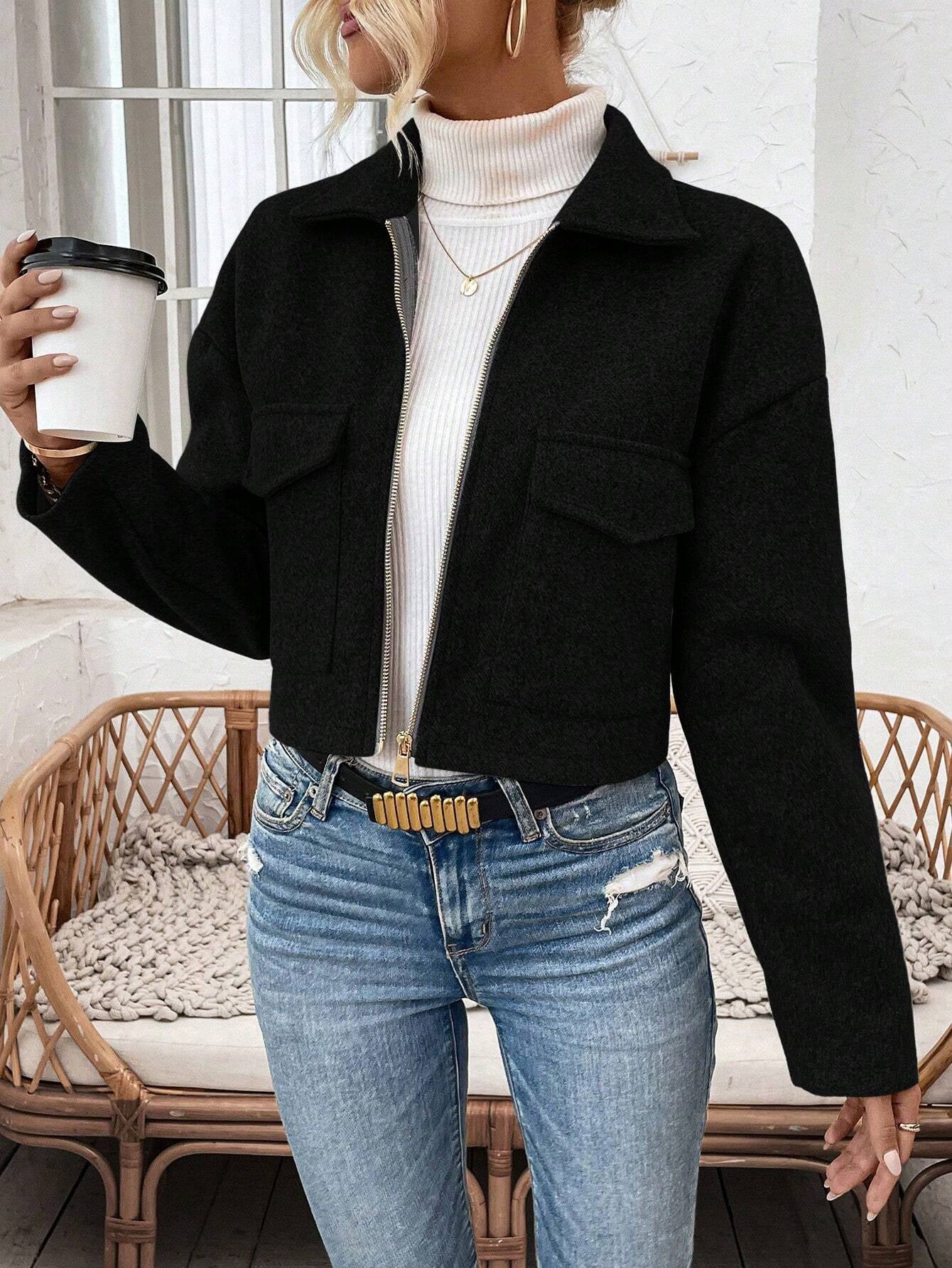  Black Long Sleeve Short Woolen Jacket 