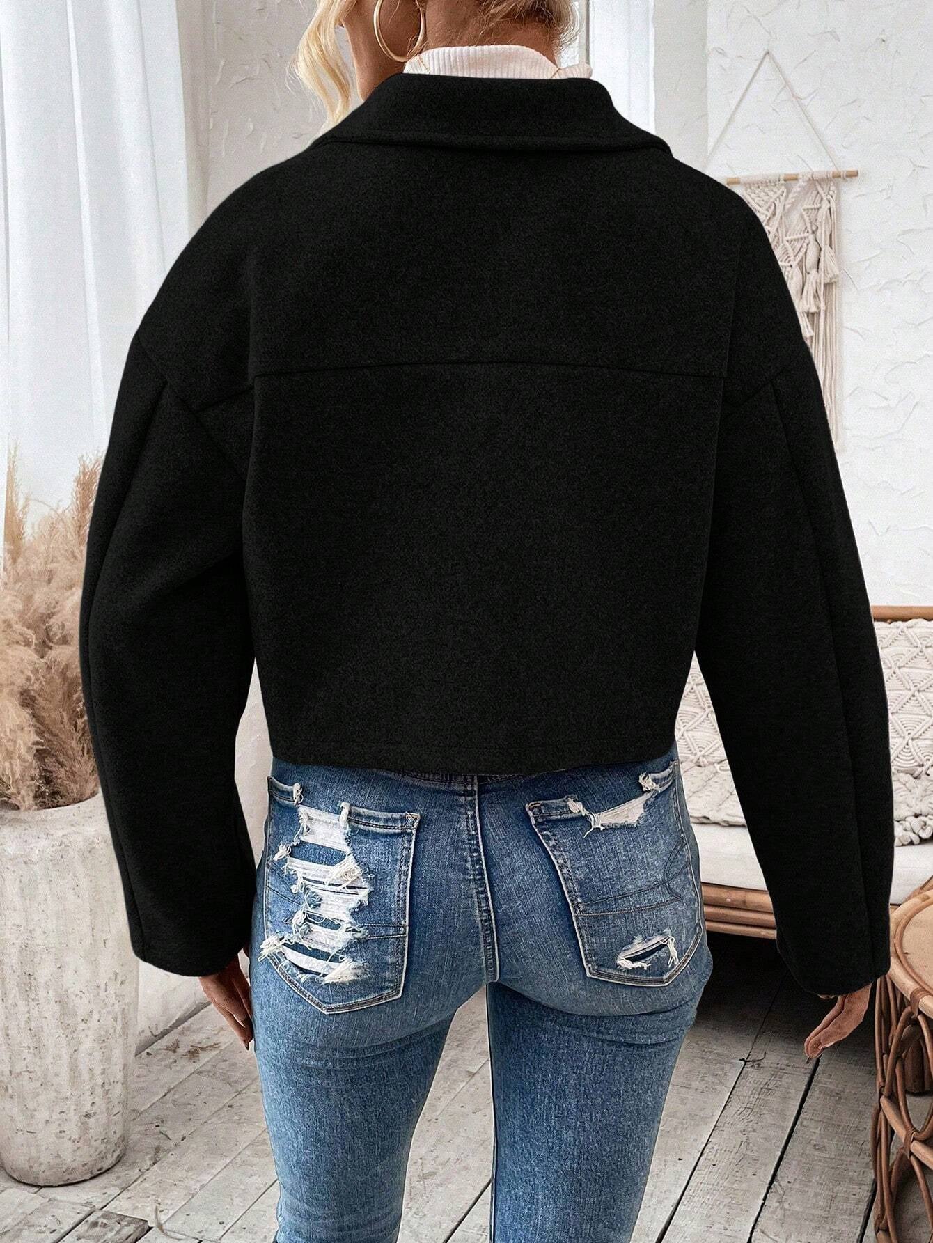  Black Long Sleeve Short Woolen Jacket 