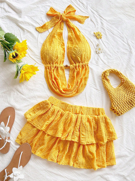 Soleia Women'S V-Neck Hollow Out Halter Backless Camisole & Mini Skirt 2 Pieces Set, Knitted Texture, Suitable for Holiday, Date, Afternoon Tea, Vacation, Music Festival, Bohemian Style, Spring/Summer