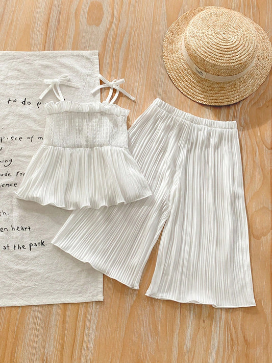 Baby Girls Cute Solid Color Pleated Camisole and Elastic Waist Long Pants 2 Pieces Set