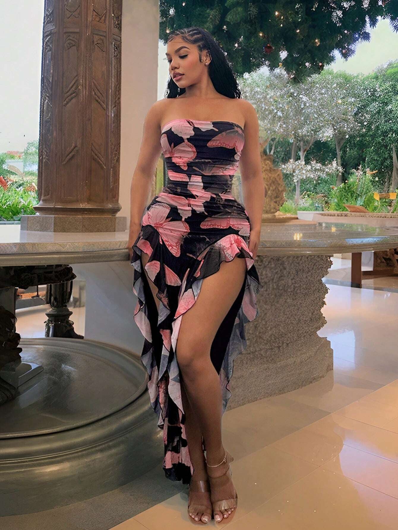 Butterfly Flowy Printed Slit Fitted Dress With Ruffles 