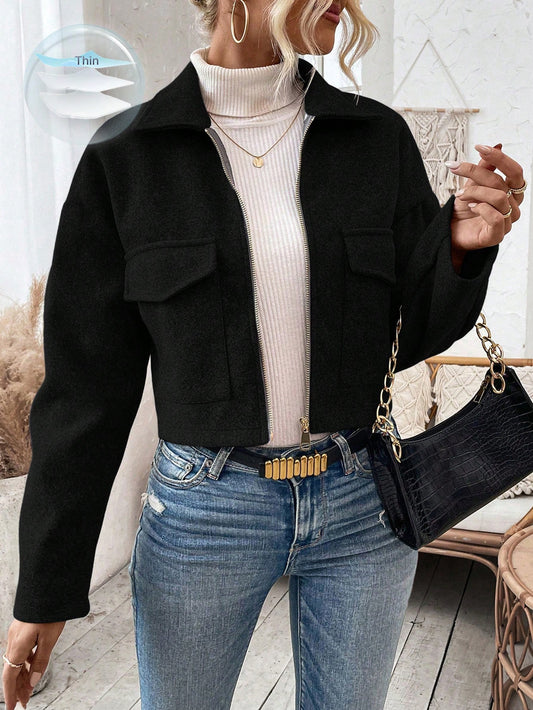  Black Long Sleeve Short Woolen Jacket 