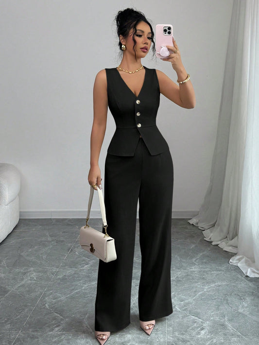 Elenzga Women Elegant Sleeveless Suit Vest and Pants Set