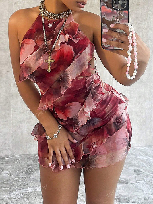 Halter Neck,  Backless Straps,  Hip Ruffle Dress