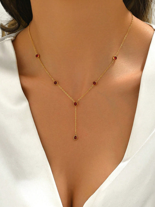 1Pc  18K Gold Plated Stainless Steel Y-Shaped Necklace with Red Zirconia Water Drop Tassels