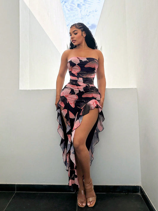 Butterfly Flowy Printed Slit Fitted Dress With Ruffles 